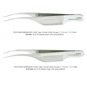 TROUTMAN-BARRAQUER Colibri Type Corneal Utility Forceps, 3" (7.6 cm), 1 X 2 teeth, set at 45 degree angle, with tying platform